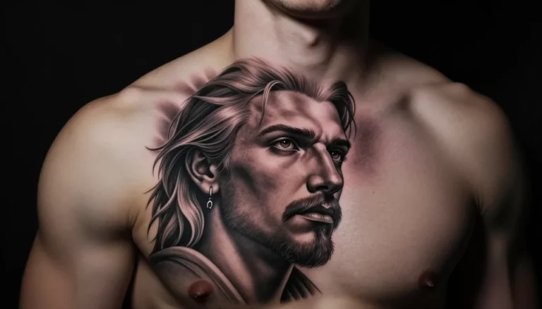 Close-up of a detailed tattoo on a shoulder.
