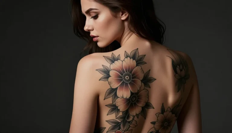 Floral back tattoo on a woman.