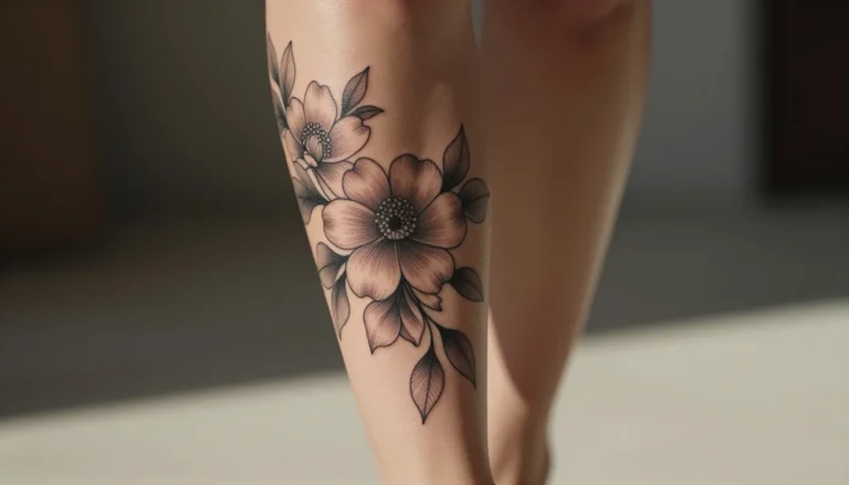 Floral tattoo on a woman's lower leg.