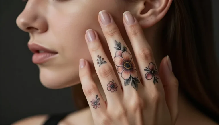 Floral finger tattoos - close-up