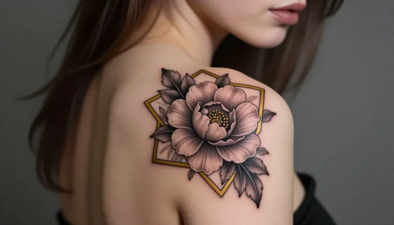 Detailed floral tattoo inside a golden geometrical border.