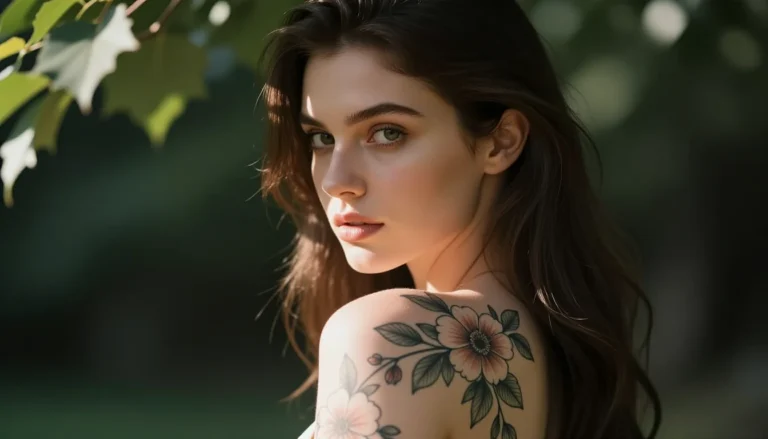 Девушка с татуировками в стиле цветов