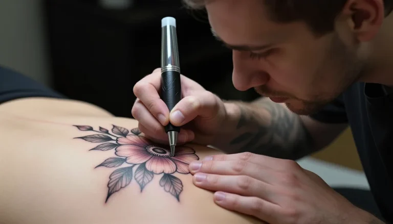 Фотография тату-мастера рисующего эскиз