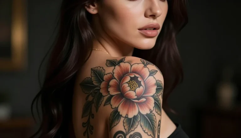 Floral tattoo on a woman's shoulder.
