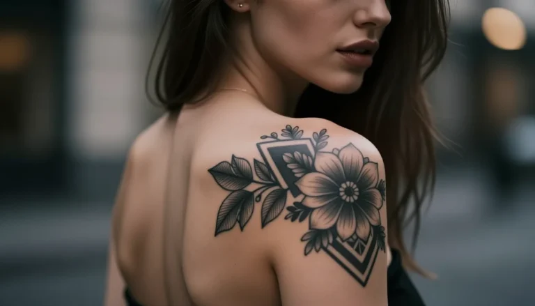 Floral geometric tattoo on shoulder.