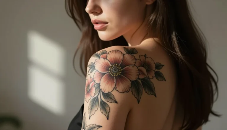 Молодая женщина с татуировками в солнечных лучах.