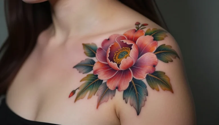 Фотография свежей татуировки на плече девушки.