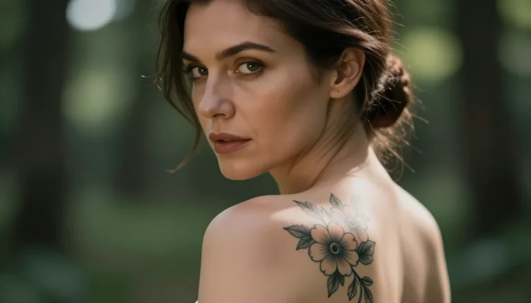 Beautiful woman with floral tattoos in forest setting.