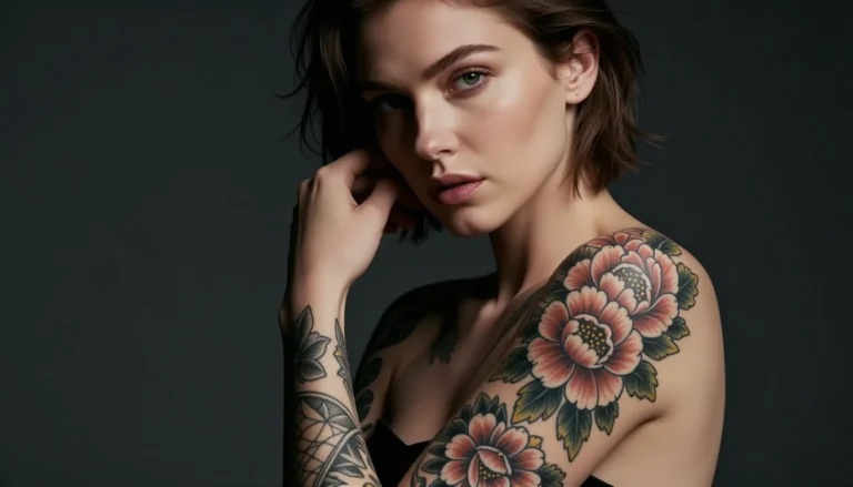 Woman covered in floral tattoos