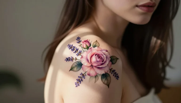 Красивая акварельная татуировка с цветами на плече девушки