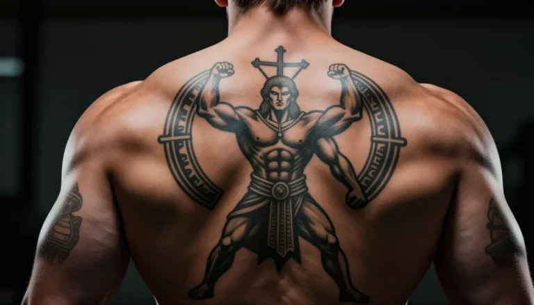 Татуировки на спине мужчины, символизирующие силу и мужество.