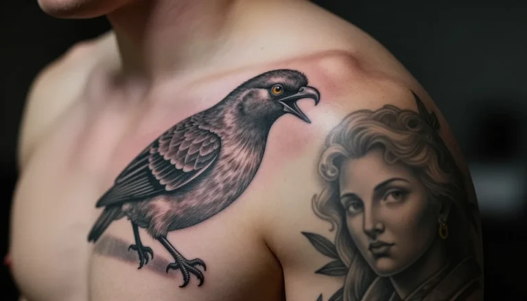 Крупный план свежей татуировки на плече.