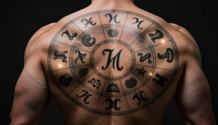 Detailed astrological tattoo covering the entire back