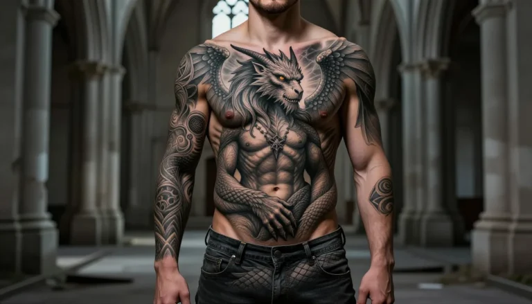 Full body mystical creature tattoo on athletic build.
