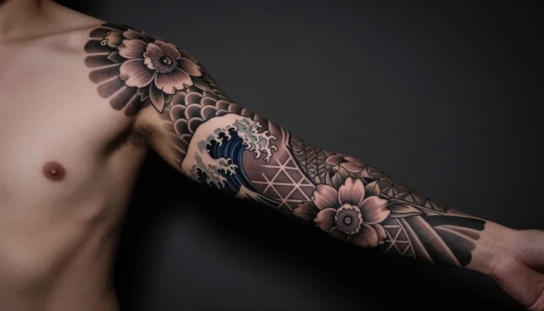 Detailed colorful tattoo sleeve example.