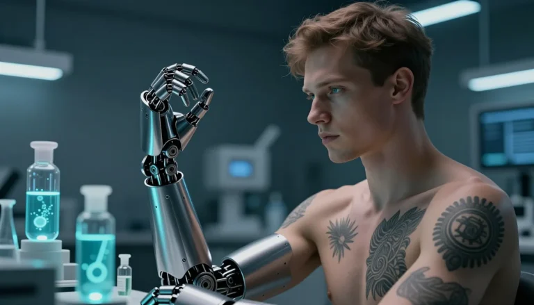 Glowing bio-lab setting around a tattooed mechanical prosthetic.