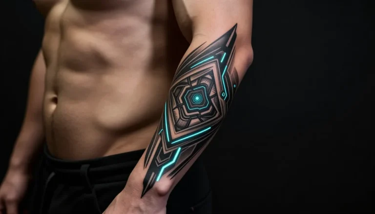Geometric pattern forearm tattoo on muscular man.