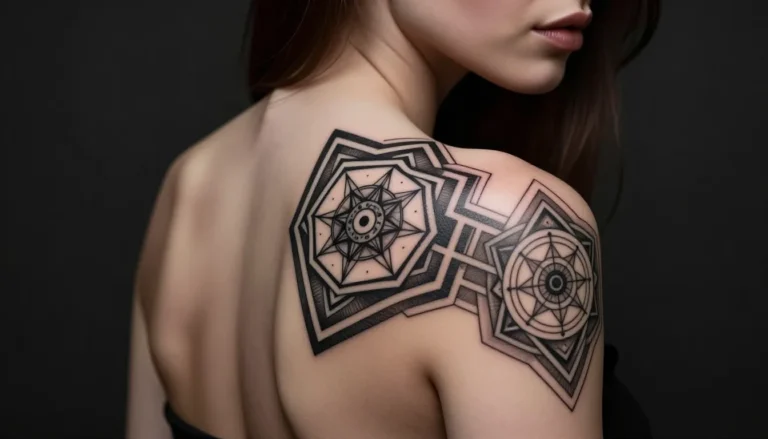 Женщина с графической татуировкой на плече