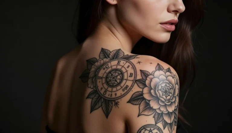 Женская татуировка на плече с тайными символами.