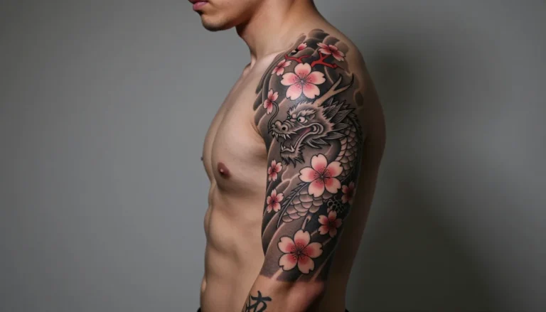 Мужская рука с татуировками иероглифов, цветущая сакура и дракон.