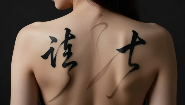 Back tattoo with Japanese calligraphy symbols