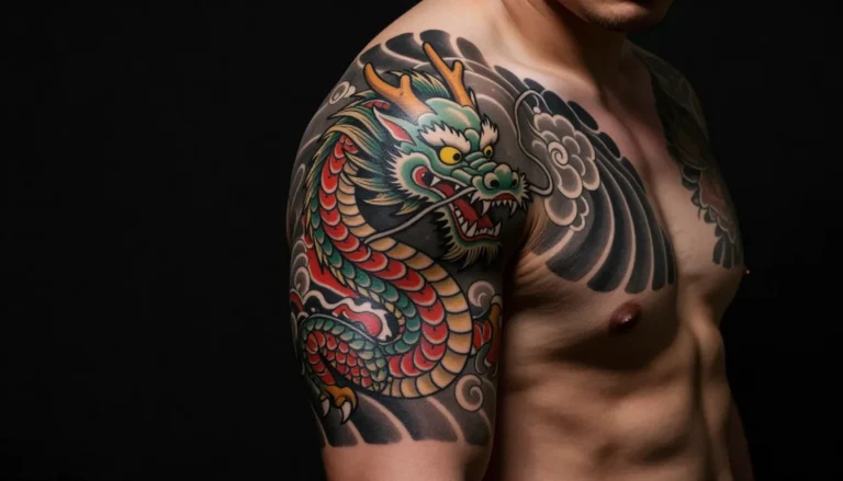Traditional Japanese dragon tattoo on muscular arm.
