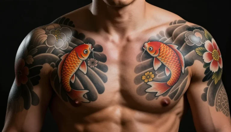 Мужская грудь с татуировкой в японском стиле.