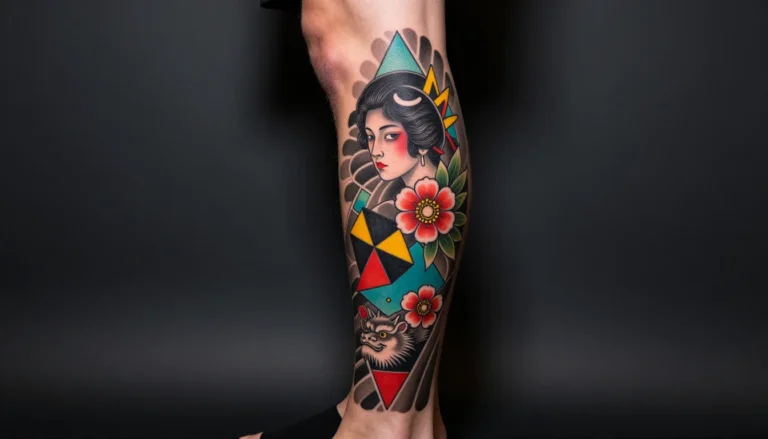 Яркая и детализированная татуировка на всю ногу в японском стиле.