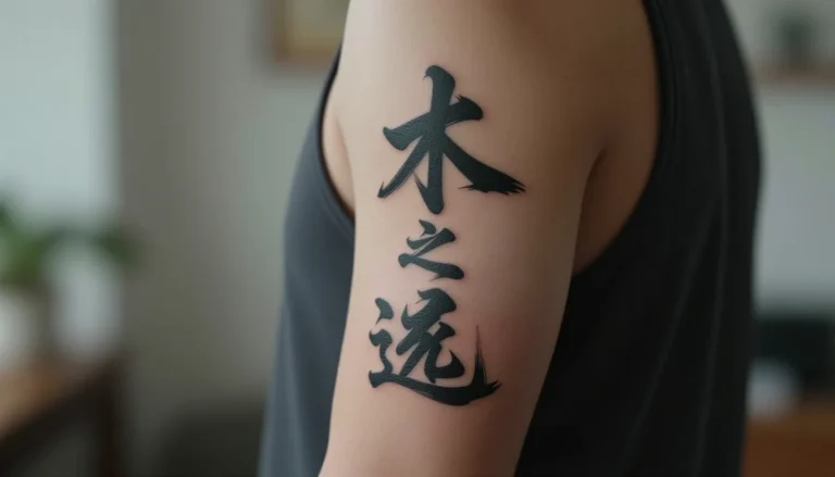 Japanese calligraphy tattoo on the shoulder.