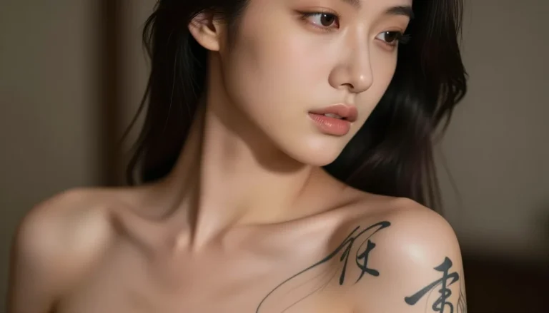 Красивая девушка с татуировкой в стиле японской каллиграфии.