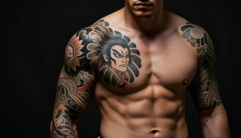 Мужчина с татуировкой в японском стиле.