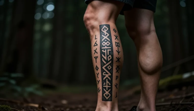 Мужская нога с татуировкой в стиле древних рун