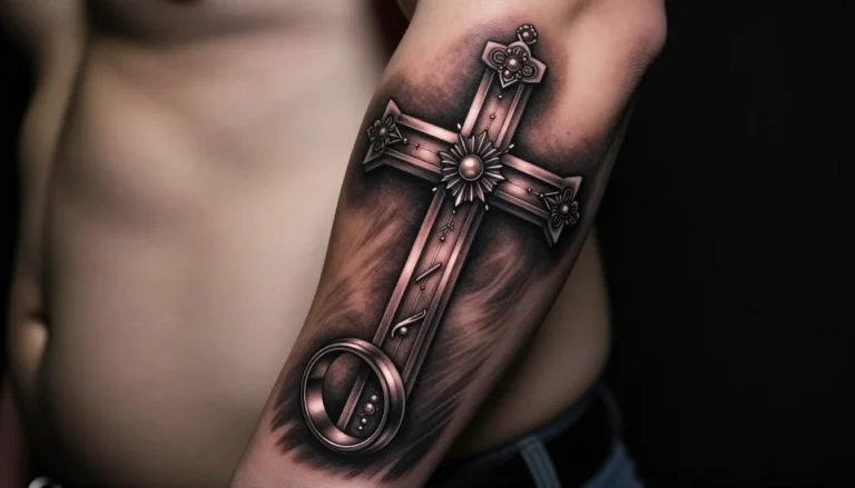 Detailed cross and ring tattoo