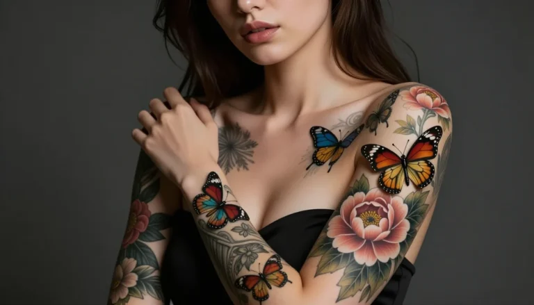 Realistic portrait of a woman with beautiful magical realism inspired tattoos.