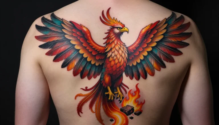 Majestic phoenix back tattoo.