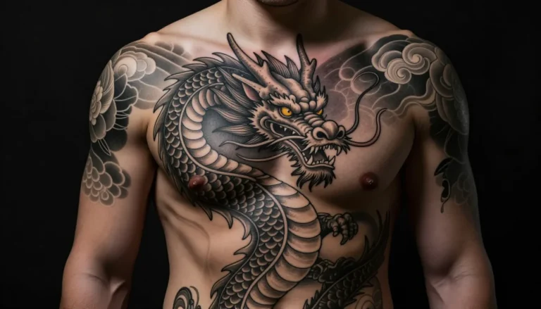 Majestic spine tattoo – Japanese dragon wrapping around a muscular back.
