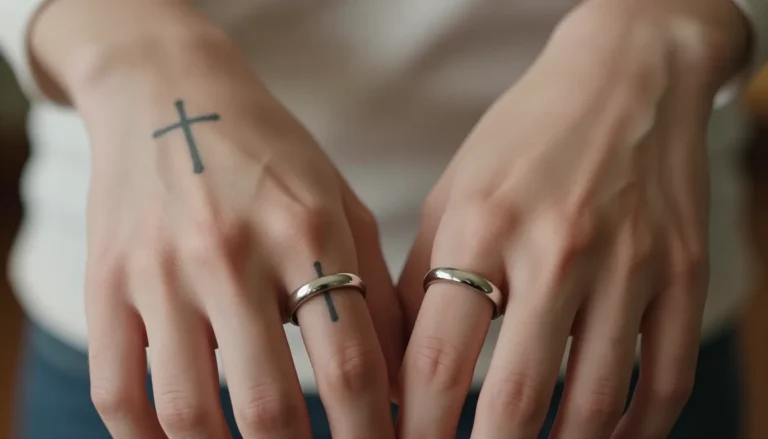 Matching cross and ring tattoos on couple's hands