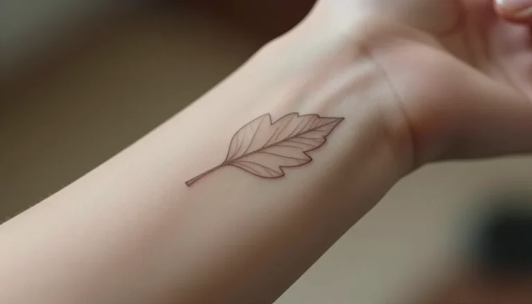 Минималистичная татуировка на запястье в виде листа.
