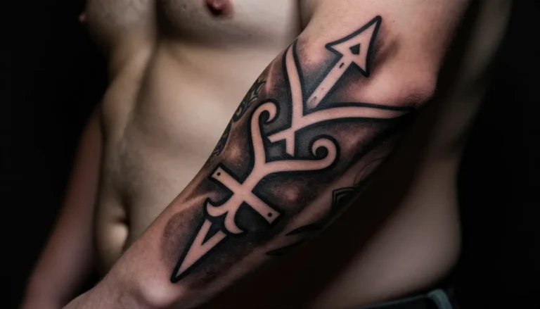 Реалистичная татуировка на предплечье мужчины в стиле древних норвежских символов.