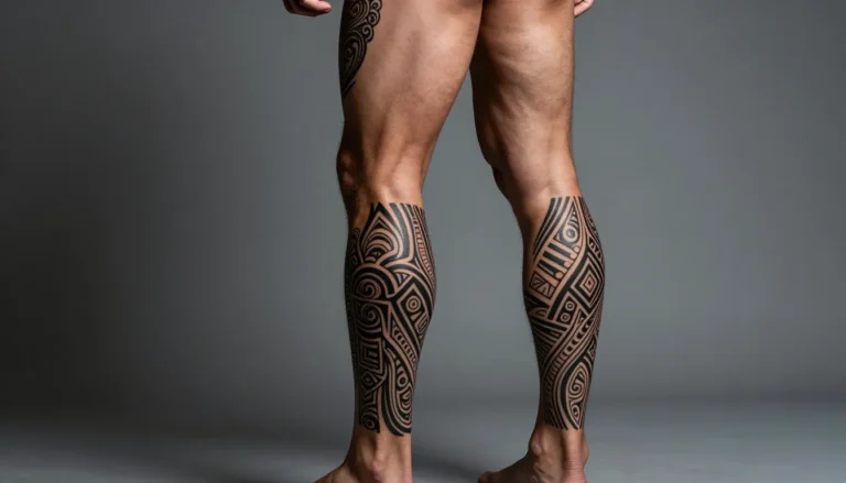 Мужская нога с геометрической татуировкой в полинезийском стиле.