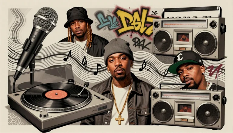 Collage representing classic Hip Hop images and style for the article about hip hop tattoo ideas.