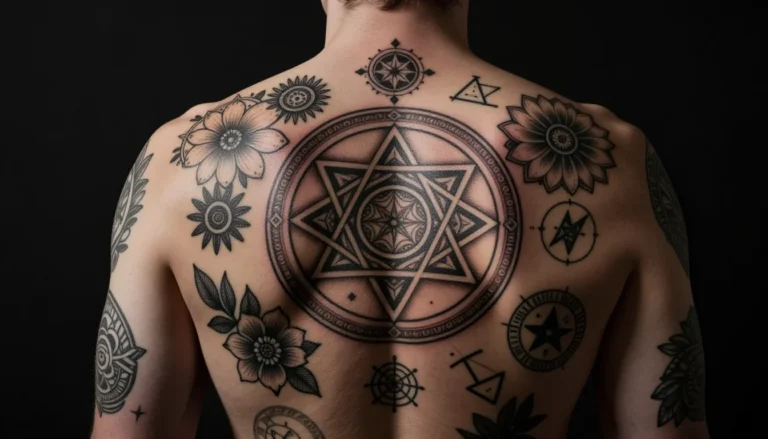 Realistic symbolic tattoos covering a person's back.
