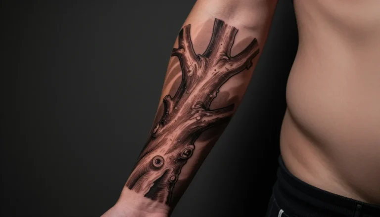 Realistic photograph of a tree branch brown tattoo on forearm