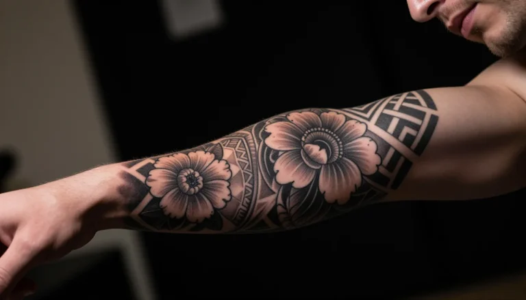 Realistic image of a beautiful healed full sleeve tattoo.