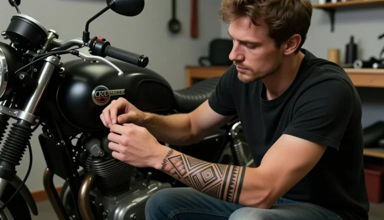Man admiring his first tattoo in motorcycle workshop.