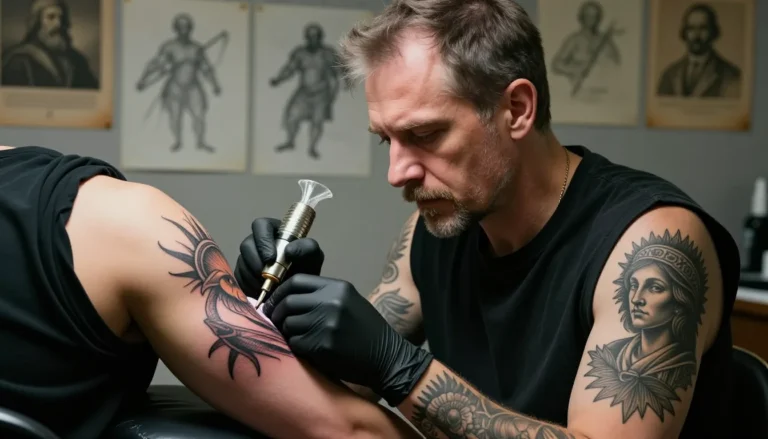 Tattoo artist applying ink.