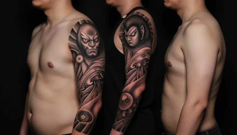 Realistic grayscale shadow style tattoo sleeve.