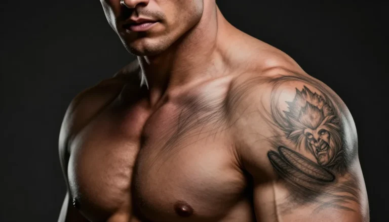 Sketch style tattoo designs on a muscular male body.