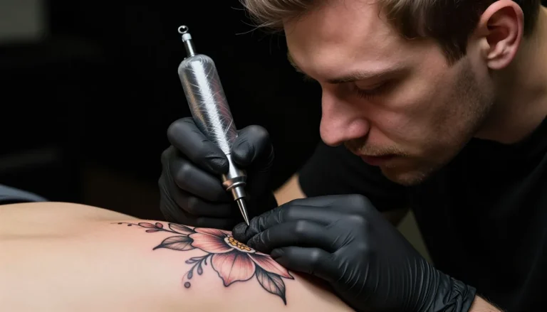 Skilled tattoo artist working on a floral tattoo