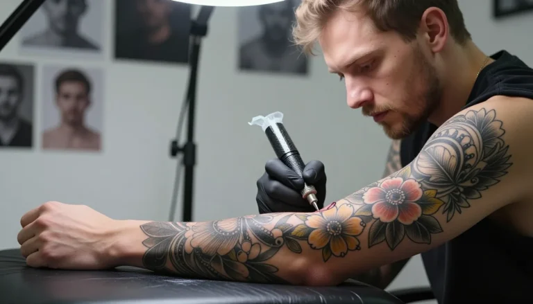 Профессиональный тату-мастер работает над рукавом с цветами.